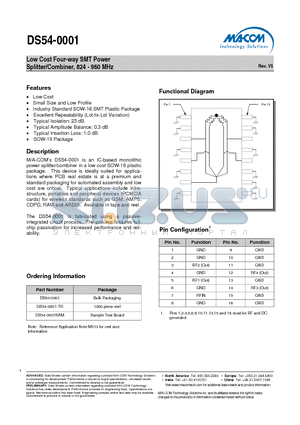 DS54-0001 datasheet - Low Cost Four-way SMT Power Splitter/Combiner, 824 - 960 MHz