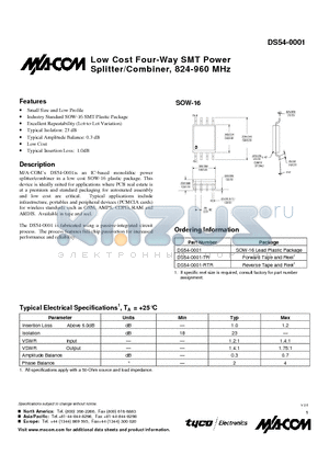 DS54-0001-RTR datasheet - Low Cost Four-Way SMT Power Splitter/Combiner, 824-960 MHz