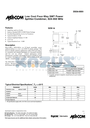 DS54-0001-TR datasheet - Low Cost Four-Way SMT Power Splitter/Combiner, 824-960 MHz