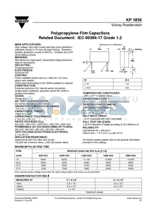 KP1836 datasheet - Polypropylene Film Capacitors Related Document: IEC 60384-17 Grade 1.2