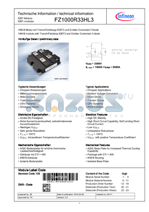 FZ1000R33HL3 datasheet - IHM-B module with Trench/Fieldstop IGBT3 and Emitter Controlled3 diode