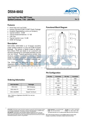 DS54-0002 datasheet - Low Cost Four-Way SMT Power Splitter/Combiner, 1700 - 2000 MHz