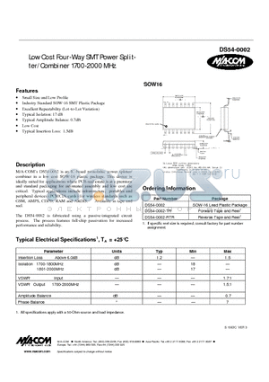 DS54-0002-RTR datasheet - Low Cost Four-Way SMT Power Splitter/ Combiner 1700-2000 MHz