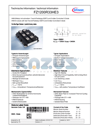 FZ1200R33HE3 datasheet - IHM-B module with fast Trench/Fieldstop IGBT3 and Emitter Controlled3 diode