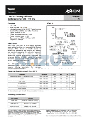 DS54-0003 datasheet - Low Cost Four-way SMT Power Splitter/Combiner, 1200 - 1660 MHz