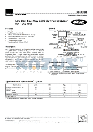 DS54-0005-RTR datasheet - Low Cost Four-Way GMIC SMT Power Divider 824 . 960 MHz