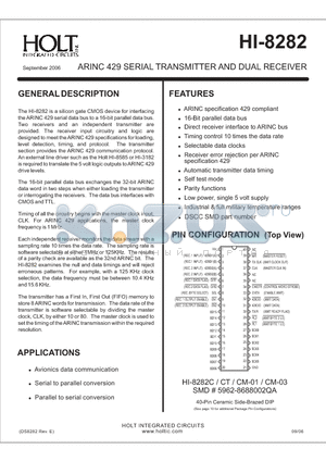 HI-8282CT datasheet - ARINC 429 SERIAL TRANSMITTER AND DUAL RECEIVER