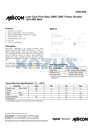 DS55-0004-RTR datasheet - Low Cost Five-Way GMIC SMT Power Divider 824-896 MHz