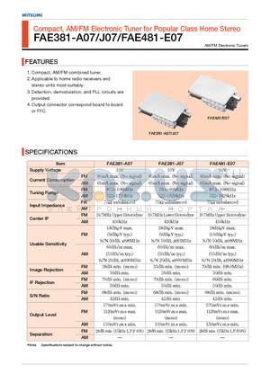 FAE381-J07 datasheet - Compact, AM/FM Electronic Tuner for Popular Class Home Stereo