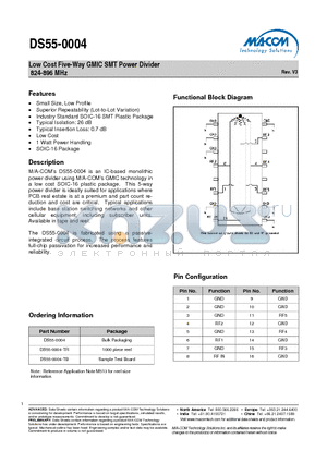 DS55-0004-TR datasheet - Low Cost Five-Way GMIC SMT Power Divider 824-896 MHz