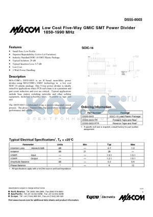 DS55-0003-TR datasheet - Low Cost Five-Way GMIC SMT Power Divider 1850-1990 MHz