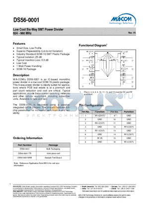DS56-0001-TR datasheet - Low Cost Six-Way SMT Power Divider 824 - 960 MHz