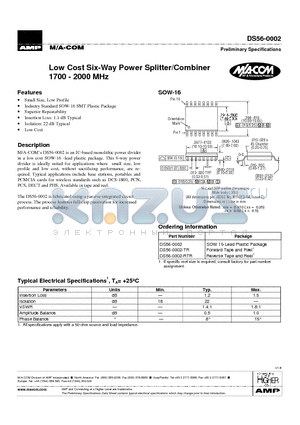 DS56-0002-TR datasheet - Low Cost Six-Way Power Splitter/Combiner 1700 - 2000 MHz