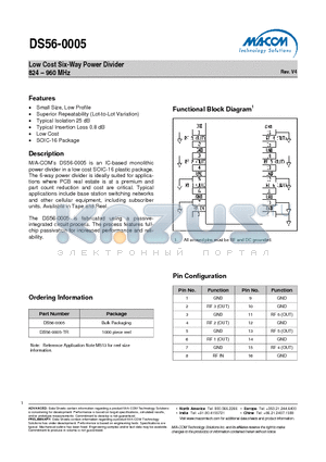 DS56-0005 datasheet - Low Cost Six-Way Power Divider 824 - 960 MHz