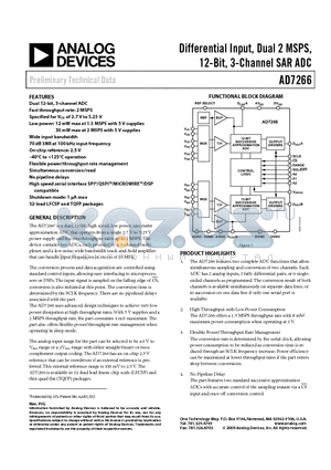 AD7266 datasheet - Differential Input, Dual 2 MSPS, 12-Bit, 3-Channel SAR ADC