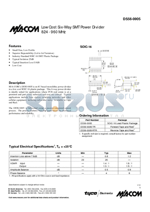 DS56-0005-RTR datasheet - Low Cost Six-Way SMT Power Divider 824 - 960 MHz