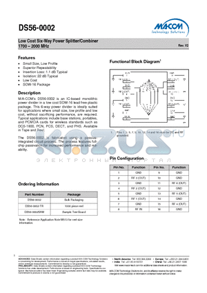 DS56-0002-TR datasheet - Low Cost Six-Way Power Splitter/Combiner 1700 - 2000 MHz