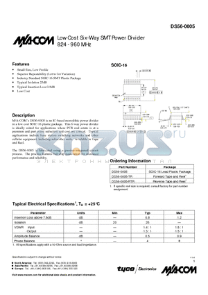 DS56-0005-TR datasheet - Low Cost Six-Way SMT Power Divider 824 - 960 MHz