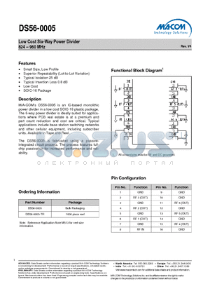 DS56-0005-TR datasheet - Low Cost Six-Way Power Divider 824 - 960 MHz