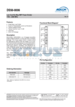 DS56-0006-TR datasheet - Low Cost Six-Way SMT Power Divider 1700 - 2000 MHz