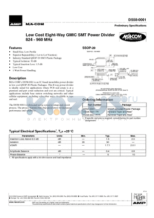 DS58-0001 datasheet - Low Cost Eight-Way GMIC SMT Power Divider 824 - 960 MHz
