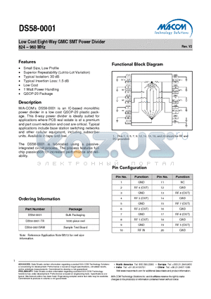 DS58-0001 datasheet - Low Cost Eight-Way GMIC SMT Power Divider 824 - 960 MHz