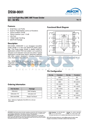 DS58-0001SAM datasheet - Low Cost Eight-Way GMIC SMT Power Divider 824 - 960 MHz