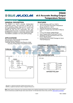 DS600U/T datasheet - 0.5 Accurate Analog-Output Temperature Sensor