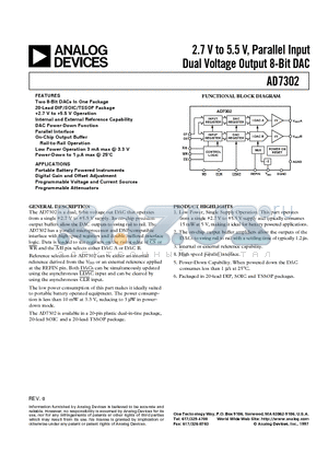 AD7302BR datasheet - 2.7 V to 5.5 V, Parallel Input Dual Voltage Output 8-Bit DAC