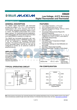 DS620U/TR datasheet - Low-Voltage, -0.5`C Accuracy Digital Thermometer and Thermostat
