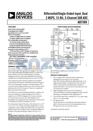 AD7266BSUZ datasheet - Differential/Single-Ended Input, Dual 2 MSPS, 12-Bit, 3-Channel SAR ADC