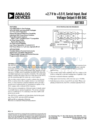 AD7303BN datasheet - 2.7 V to 5.5 V, Serial Input, Dual Voltage Output 8-Bit DAC