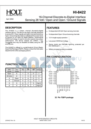 HI-8422PQT datasheet - 16-Channel Discrete-to-Digital Interface Sensing 28 Volt / Open and Open / Ground Signals