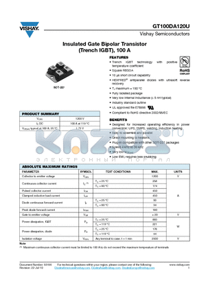 GT100DA120U datasheet - Insulated Gate Bipolar Transistor (Trench IGBT), 100 A