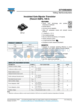 GT100DA60U datasheet - Insulated Gate Bipolar Transistor (Trench IGBT), 100 A