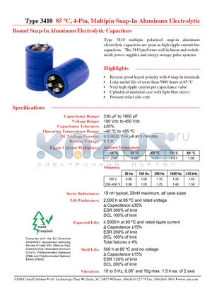 3410DJ103M100HPA1 datasheet - 85 C, 4-Pin, Multipin Snap-In Aluminum Electrolytic