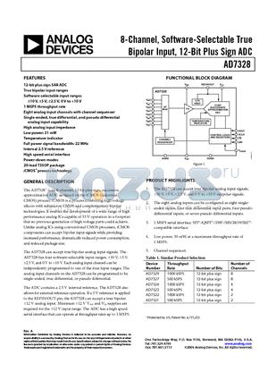 AD7328 datasheet - 8-Channel, Software-Selectable True Bipolar Input, 12-Bit Plus Sign ADC