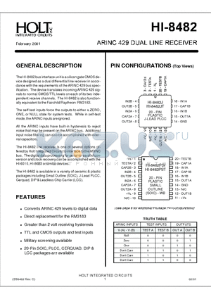 HI-8482J datasheet - ARINC 429 DUAL LINE RECEIVER