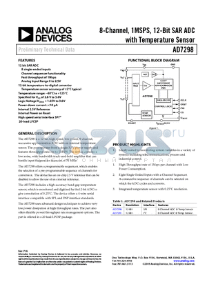 AD7298BCPZ datasheet - 8-Channel, 1MSPS, 12-Bit SAR ADC with Temperature Sensor