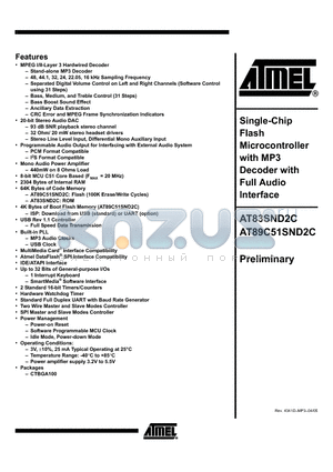 89C51SND2C-IL datasheet - Single-Chip Flash Microcontroller with MP3 Decoder with Full Audio Interface