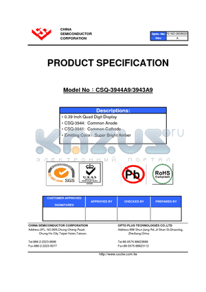 CSQ-3943A9 datasheet - 0.39 Inch Quad Digit Display