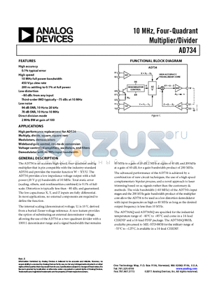 AD734ANZ datasheet - 10 MHz, Four-Quadrant Multiplier/Divider