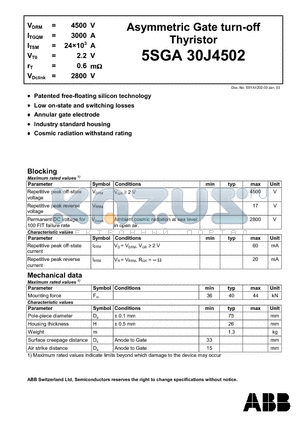 5SGA30J4502 datasheet - Asymmetric Gate turn-off Thyristor