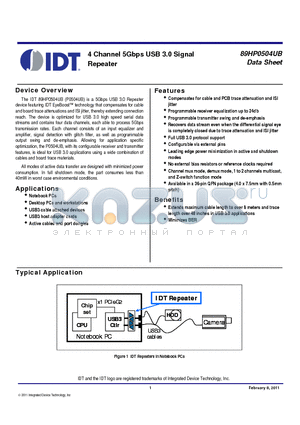 89HP0504UB datasheet - 4 Channel 5Gbps USB 3.0 Signal Repeater