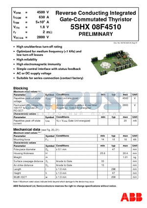 5SHX08F4510 datasheet - Reverse Conducting Integrated Gate-Commutated Thyristor