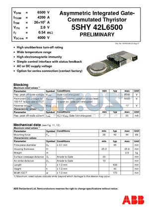 5SHY42L6500 datasheet - Asymmetric Integrated Gate- Commutated Thyristor