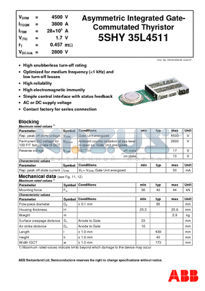 5SHY35L4511 datasheet - Asymmetric Integrated Gate- Commutated Thyristor