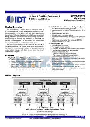 89HPES12NT3 datasheet - 12-lane 3-Port Non-Transparent PCI Express^ Switch