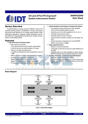 89HPES32H8 datasheet - 32-Lane 8-Port PCI Express System Interconnect Switch