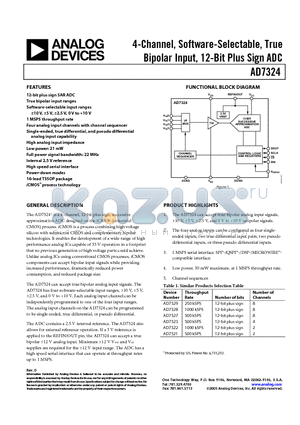 AD7324 datasheet - 4-Channel, Software-Selectable, True Bipolar Input, 12-Bit Plus Sign ADC